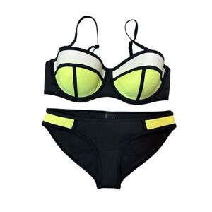 Triangl Neoprene Bikini Set Yellow Black Colorblock Top Small Bottom XXS Swim